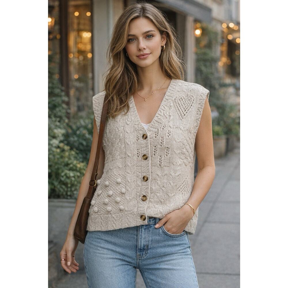 Vintage L Cottagecore Fisherman Sampler Chunky Cable Knit Button Sweater Vest